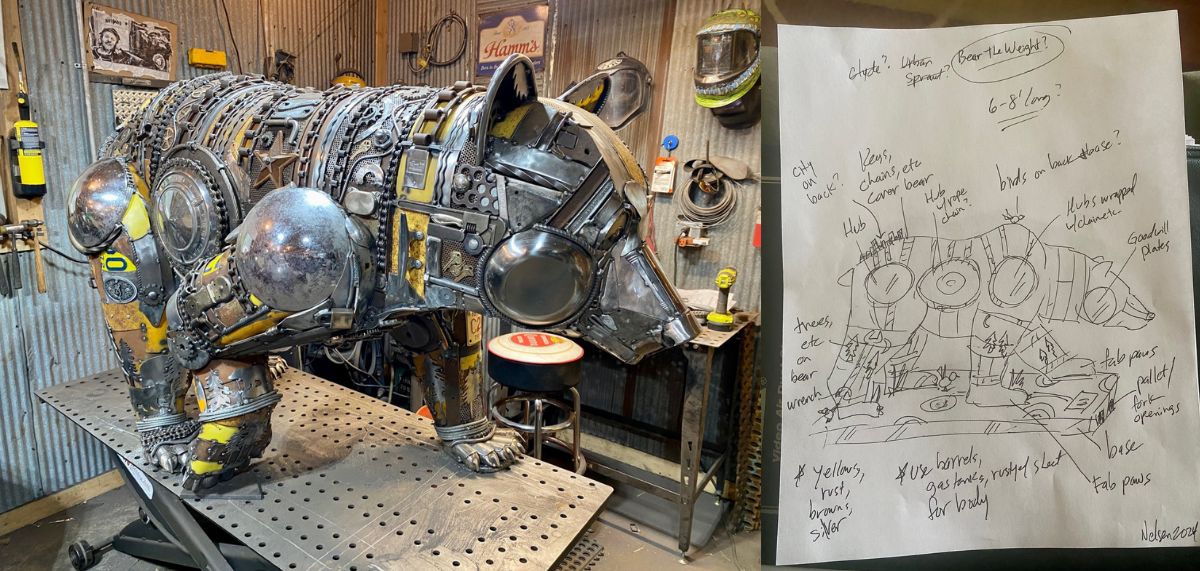 Bear the Weight sculpture and sketch - Upcycled/Recycled Metal Art by Tim Nelsen