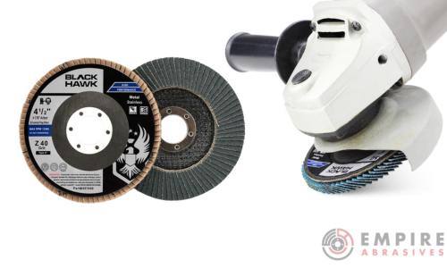 Angle grinder with a threaded attachment featuring a zirconia flap disc and a paint stripping disc, ideal for refinishing a vintage metal table by removing rust and old paint before polishing