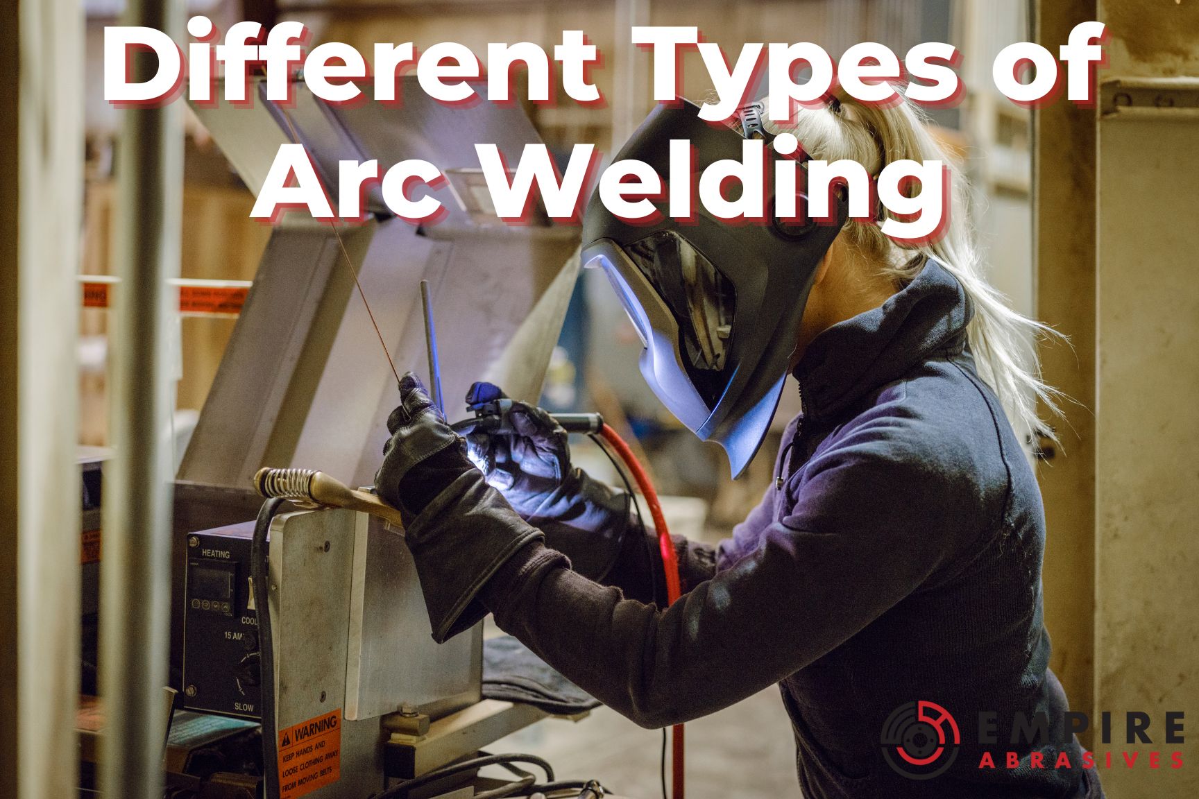Different types of arc welding blog header - image of woman welder performing tig weld on metal