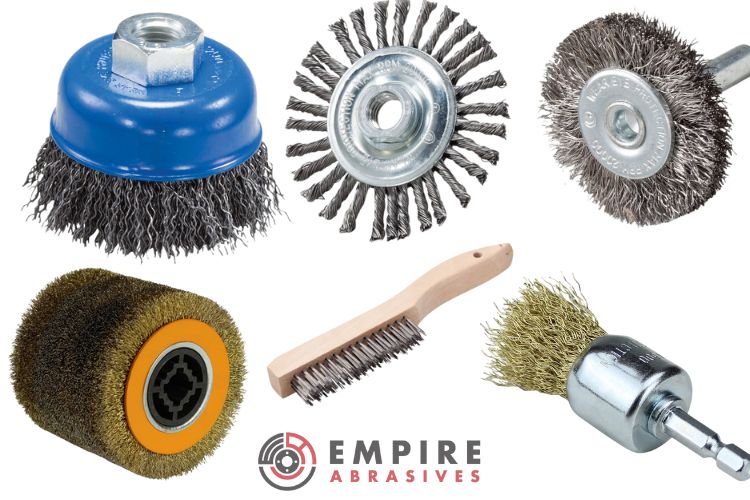 Metal abrasive wire wheels and brushes from Empire Abrasives including cup brush, handheld wire rush, wire wheels, wire brush drum, end brush, and stringer bead wire wheel