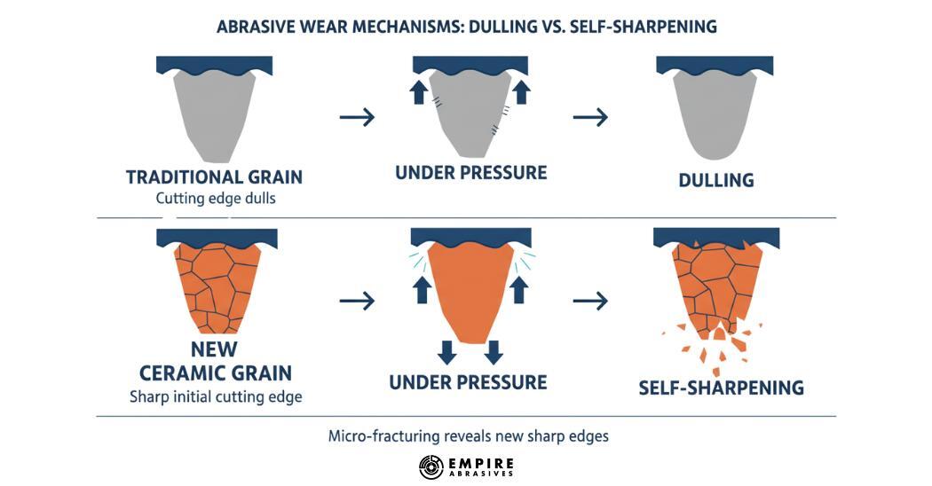 Infographic comparing dulling abrasive grains vs self sharpening ceramic