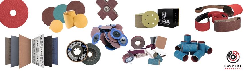 Examples of coated abrasives - sandpaper flap disc, cross pads, sanding belts, psa disc, roloc disc, cartridge rolls