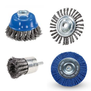 Different types of wire brushes - cup brush, stinger bead wire wheel, end brush, and nylon wire wheel
