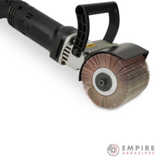 Drum sander, also known as a linear grinder, with Empire Abrasives flap wheel sanding drum attached, used for efficient sanding and leveling large wooden surfaces