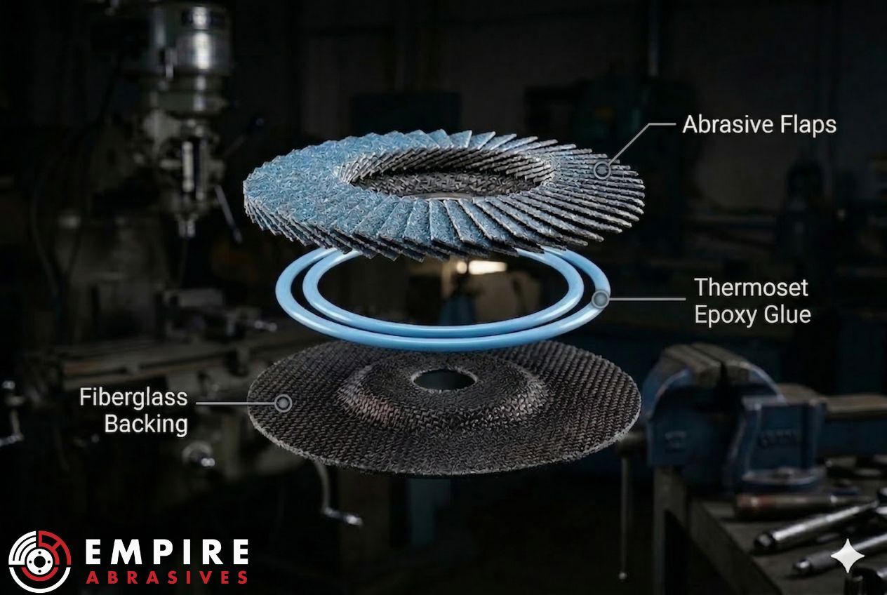 Technical exploded-view diagram showing the components of a Type 29 zirconia flap disc. Floating labels indicate the Abrasive Flaps, the Thermoset Epoxy Glue rings, and the Fiberglass Backing plate. Image generated by Gemini with Nano Banana Technical exploded-view diagram showing the components of a Type 29 zirconia flap disc. Floating labels indicate the Abrasive Flaps, the Thermoset Epoxy Glue rings, and the Fiberglass Backing plate. Image generated by Gemini with Nano Banana