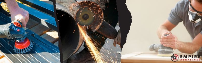 Collage of abrasive tools, showing an angle grinder with a wire cup brush on metal, a grinder cutting through metal, and a craftsman using an orbital sander on wood, illustrating the diverse applications of grinders and sanders