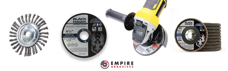 Variety of grinding and cutting tools by Empire Abrasives, featuring a wire wheel brush, Black Hawk cut-off wheel, angle grinder with disc, and a flap disc, highlighting essential grinder accessories for metal and concrete work
