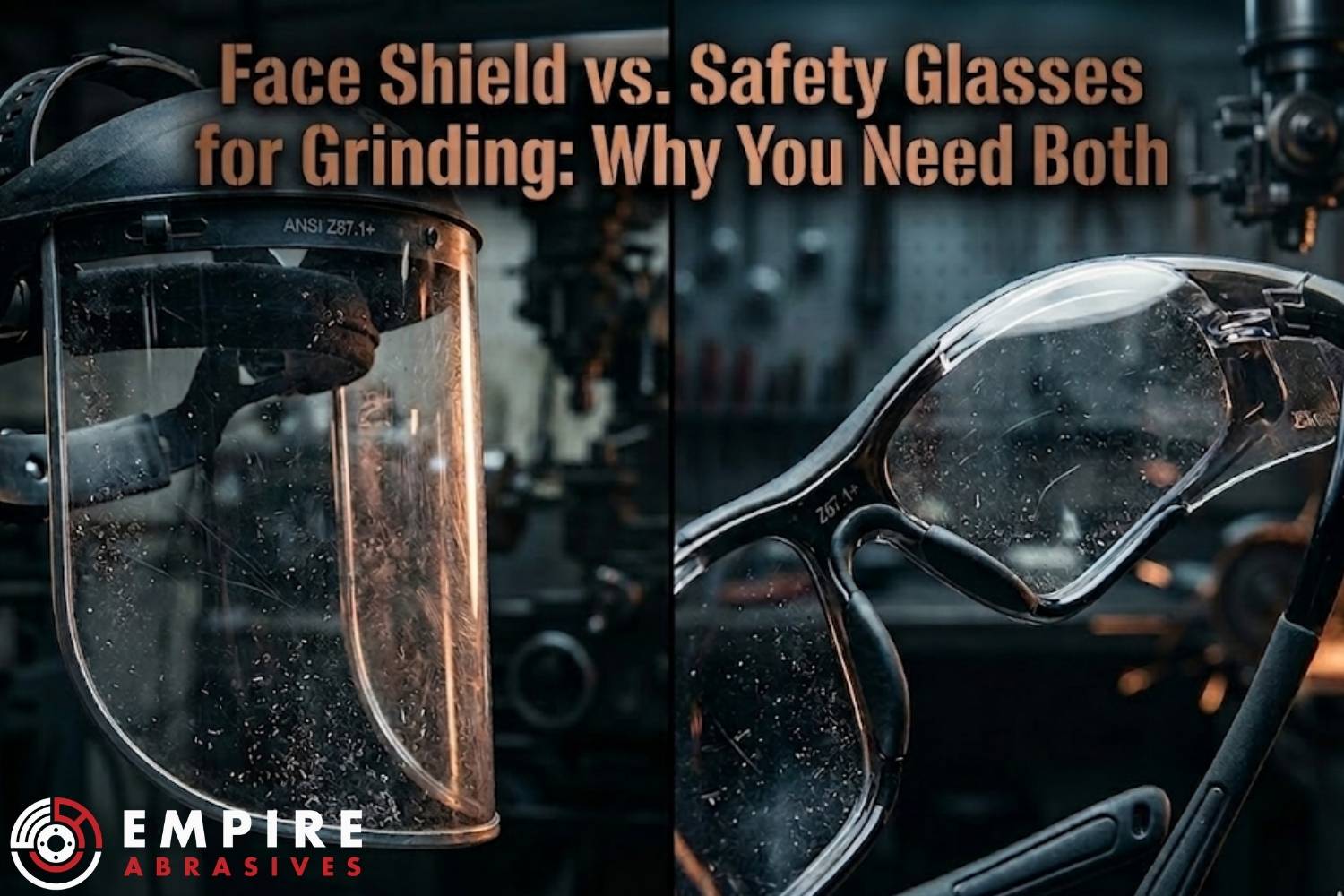 Face shield and safety glasses comparison for grinding safety. Text: Face Shield vs. Safety Glasses. AI-generated.