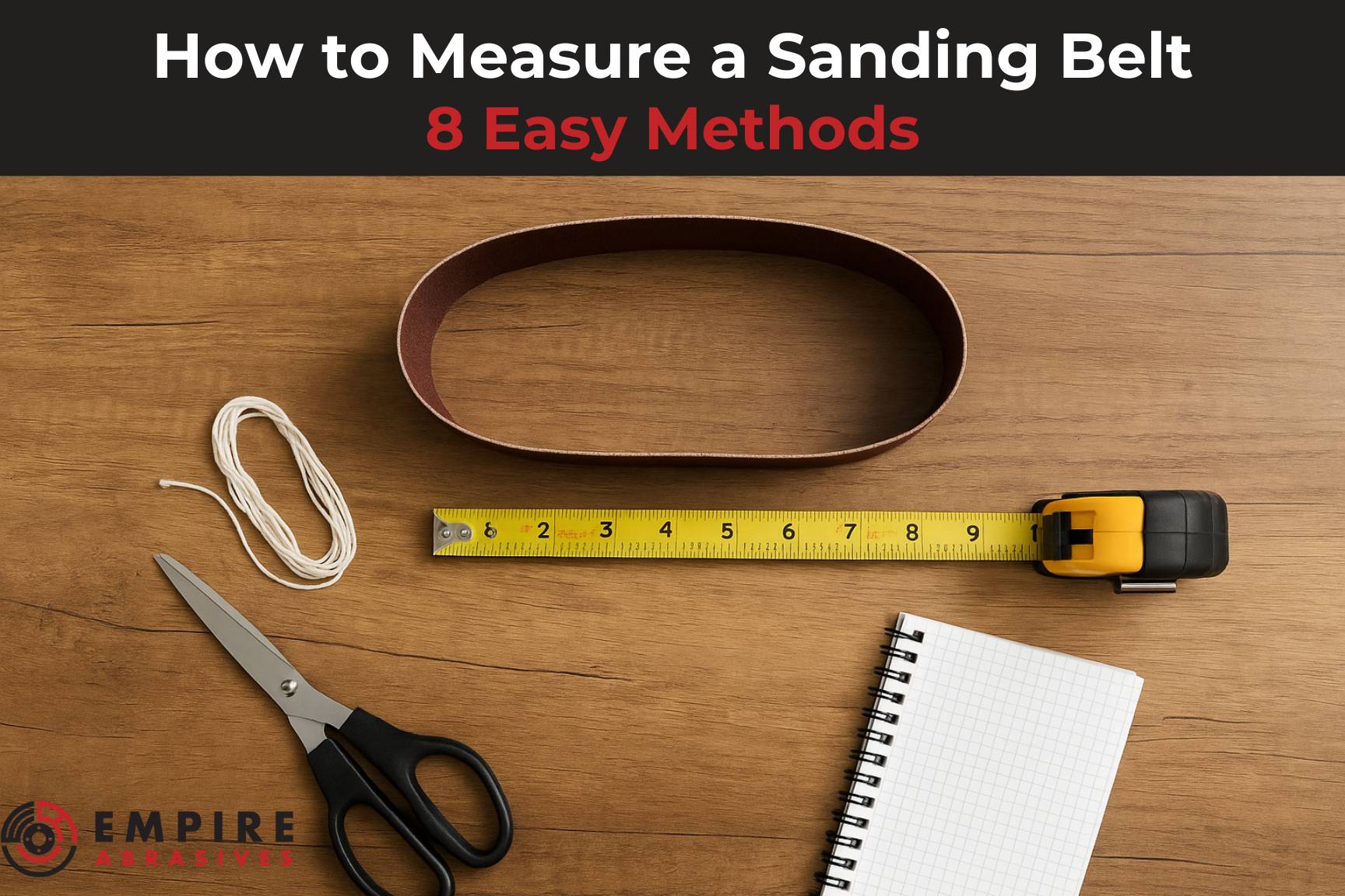 Flat lay of tools used to measure a sanding belt, including a sanding belt loop, tape measure, string, scissors, and notepad, with text overlay reading 