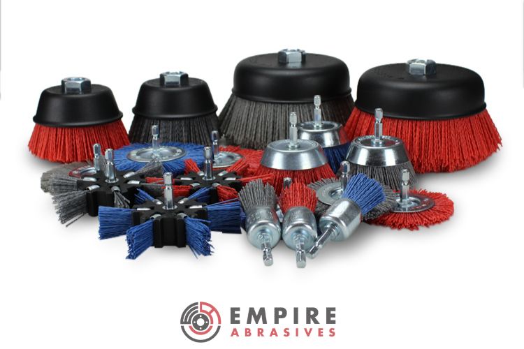 Nylon wire wheels and brushes from Empire Abrasives, including cup brushes, wire end brushes, wire wheels, and nylon wire strip flap brushes