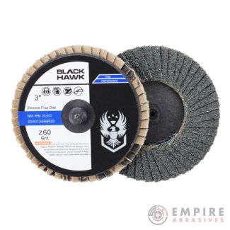 Black Hawk 3 inch mini flap disc with a Roloc quick change attachment. This flap disc has a poly/cotton blend backing and zirconia abrasive grain. It is ideal for grinding and sanding on metal surfaces [Empire Abrasives]