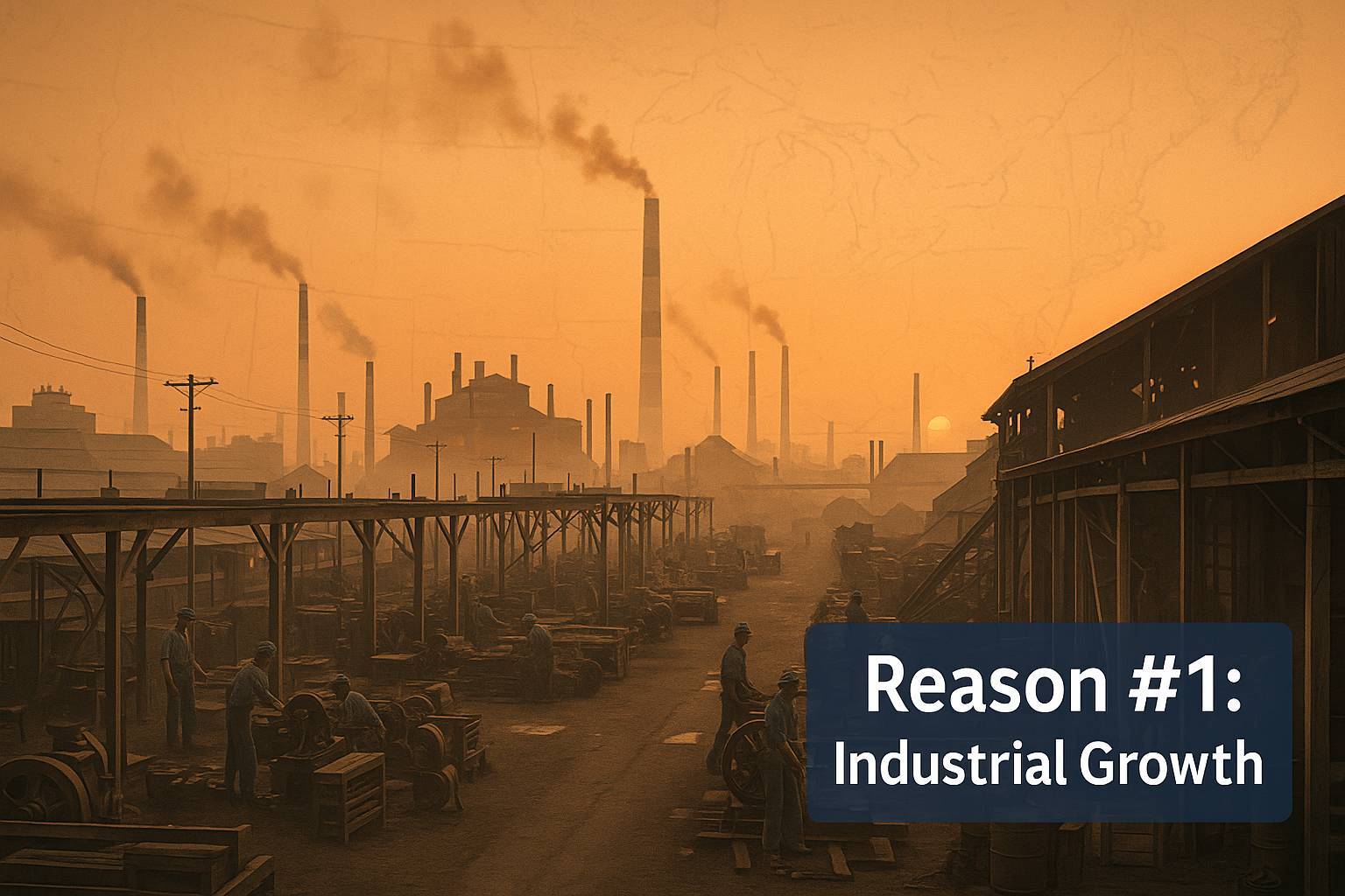 Sepia-toned early American steel mill at sunrise with workers and faint colonial map illustrating industrial growth and steel tariffs.