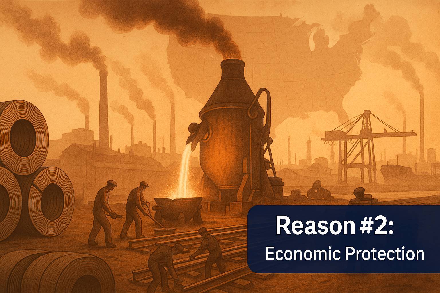 Sepia late 19th-century steel mill pouring molten steel and rails with faint U.S. map illustrating economic protection via steel tariffs.