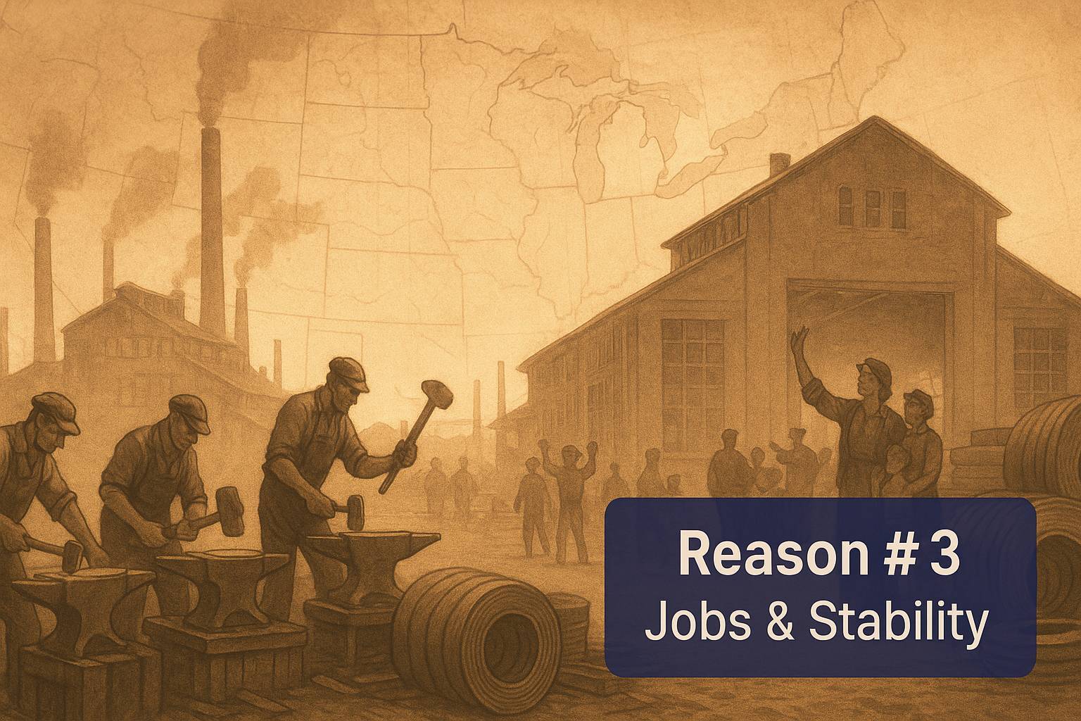 Sepia steelworkers hammering at anvils by a mill with families and a faded U.S. map illustrating jobs and stability from steel tariffs.