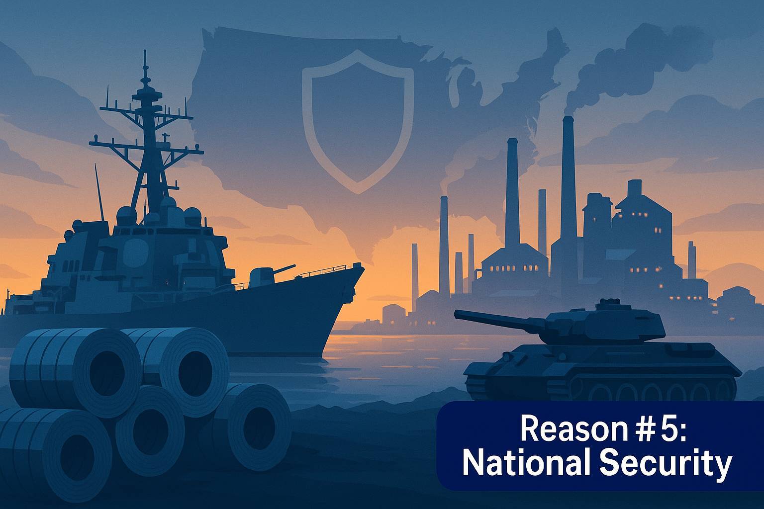 Twilight naval destroyer and tank beside a steel mill under a faint U.S. map and shield illustrating national security via steel tariffs.