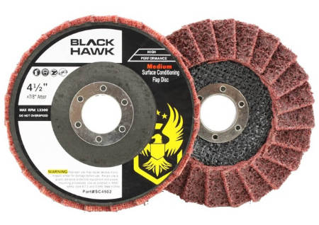 Red surface conditioning flap discs for weld surface preparation