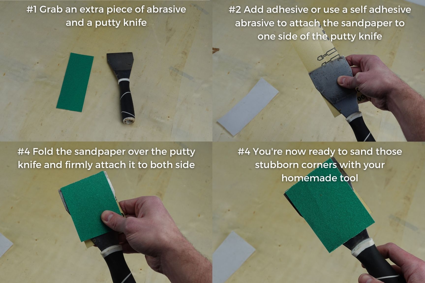 Infographic - how to sand tight corners with putty scraper