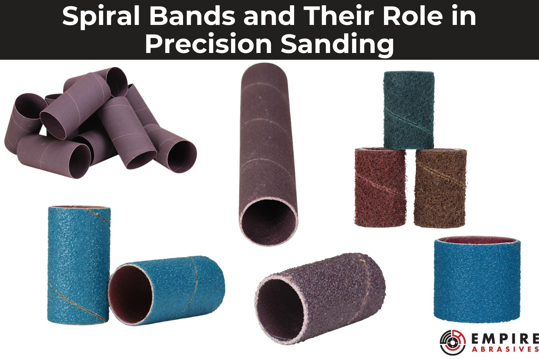 Assorted spiral bands for precision sanding from Empire Abrasives, featuring various grits and materials like aluminum oxide and zirconia for detailed work on wood, metal, and plastic surfaces