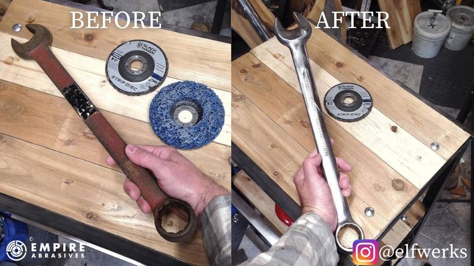 Customer Image - Before & After Rust Removal of Wrench with Strip Discs from Empire Abrasives