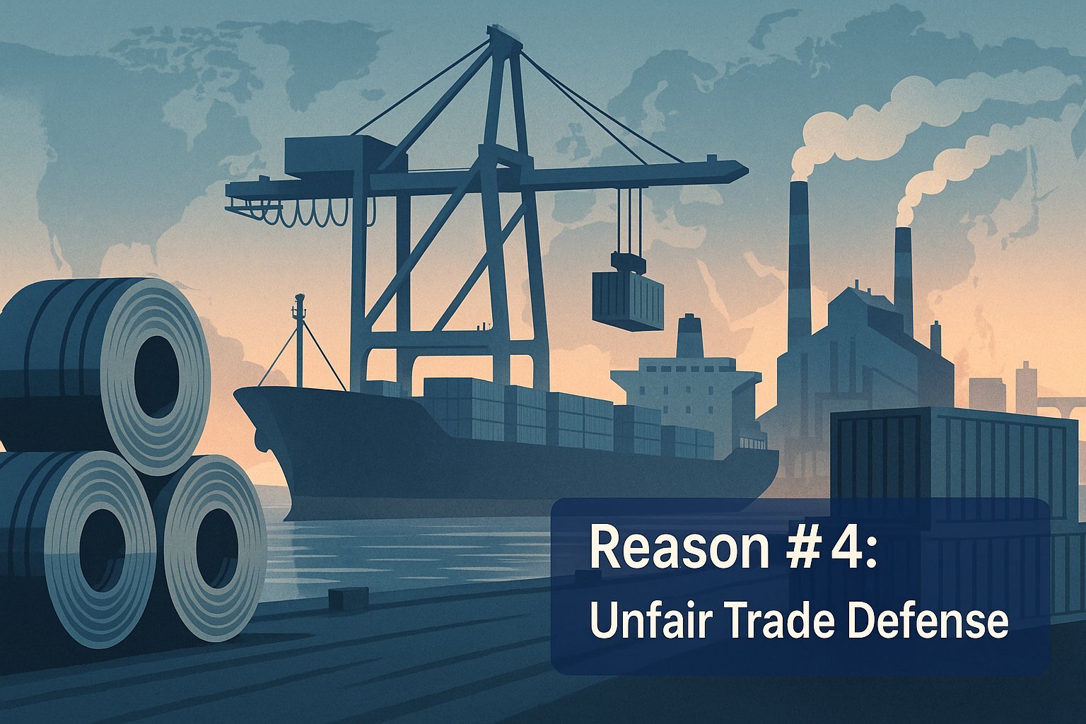 Port scene with steel coils, containers, and cargo ship under cranes with faint world map illustrating defense against unfair steel tariffs.