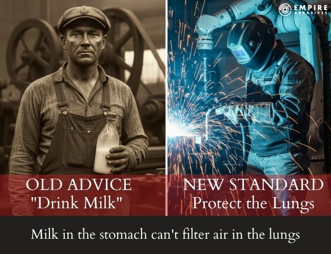 A split-screen comparison illustrating the evolution of welding safety. The left side shows a historical worker with a milk bottle labeled "Old Advice: Drink Milk," while the right side shows a modern welder using proper PPE labeled "New Standard: Protect the Lungs." The caption below states, "Milk in the stomach can't filter air in the lungs." A split-screen comparison illustrating the evolution of welding safety. The left side shows a historical worker with a milk bottle labeled "Old Advice: Drink Milk," while the right side shows a modern welder using proper PPE labeled "New Standard: Protect the Lungs." The caption below states, "Milk in the stomach can't filter air in the lungs."