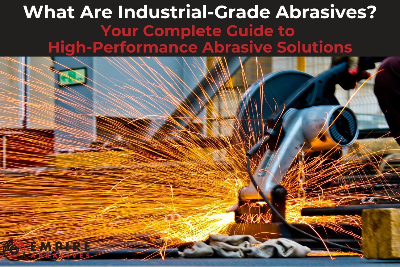 Metal grinding operation using a power tool and abrasive wheel, captured mid-cut with intense sparks in a production environment
