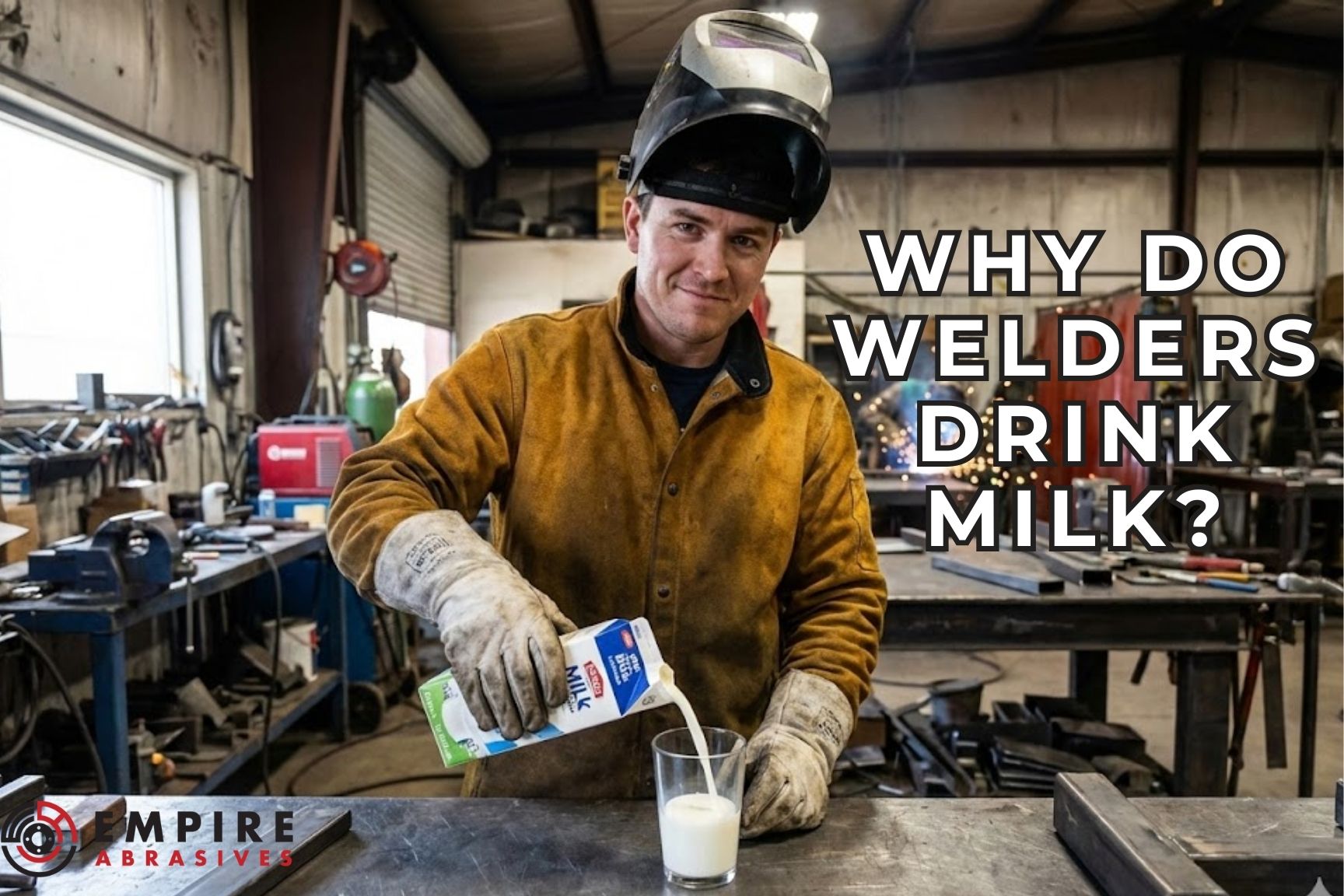 A welder in a workshop pouring a glass of milk while wearing protective gear and a welding helmet. Large text overlay asks "Why Do Welders Drink Milk?" with the Empire Abrasives logo in the corner A welder in a workshop pouring a glass of milk while wearing protective gear and a welding helmet. Large text overlay asks "Why Do Welders Drink Milk?" with the Empire Abrasives logo in the corner