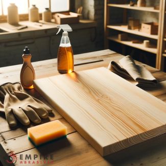 Untreated clean wooden surface with wood cleaner, gloves, and sponge on a workbench, ready for pre-painting preparation